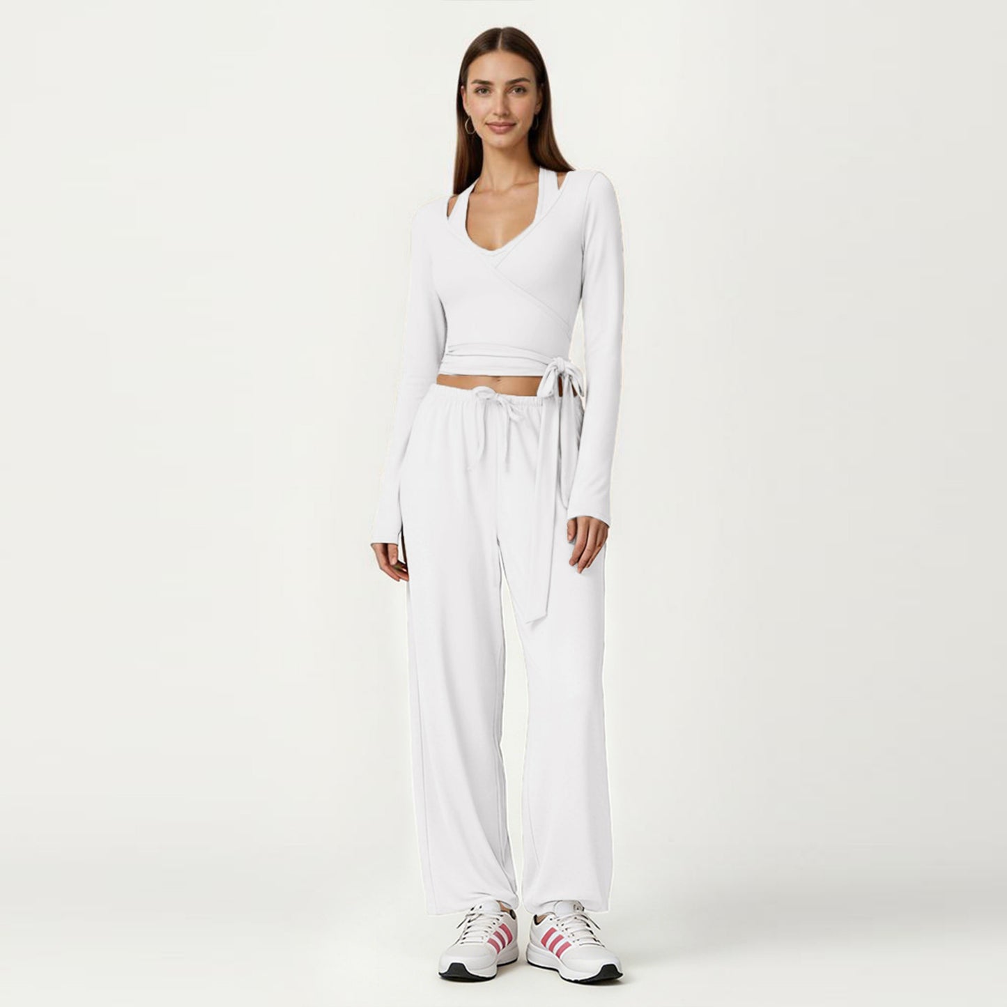 Long Sleeve Wrap Front Crop Top with Tie Waist V Neck Fitted Stretch Knit Shirt