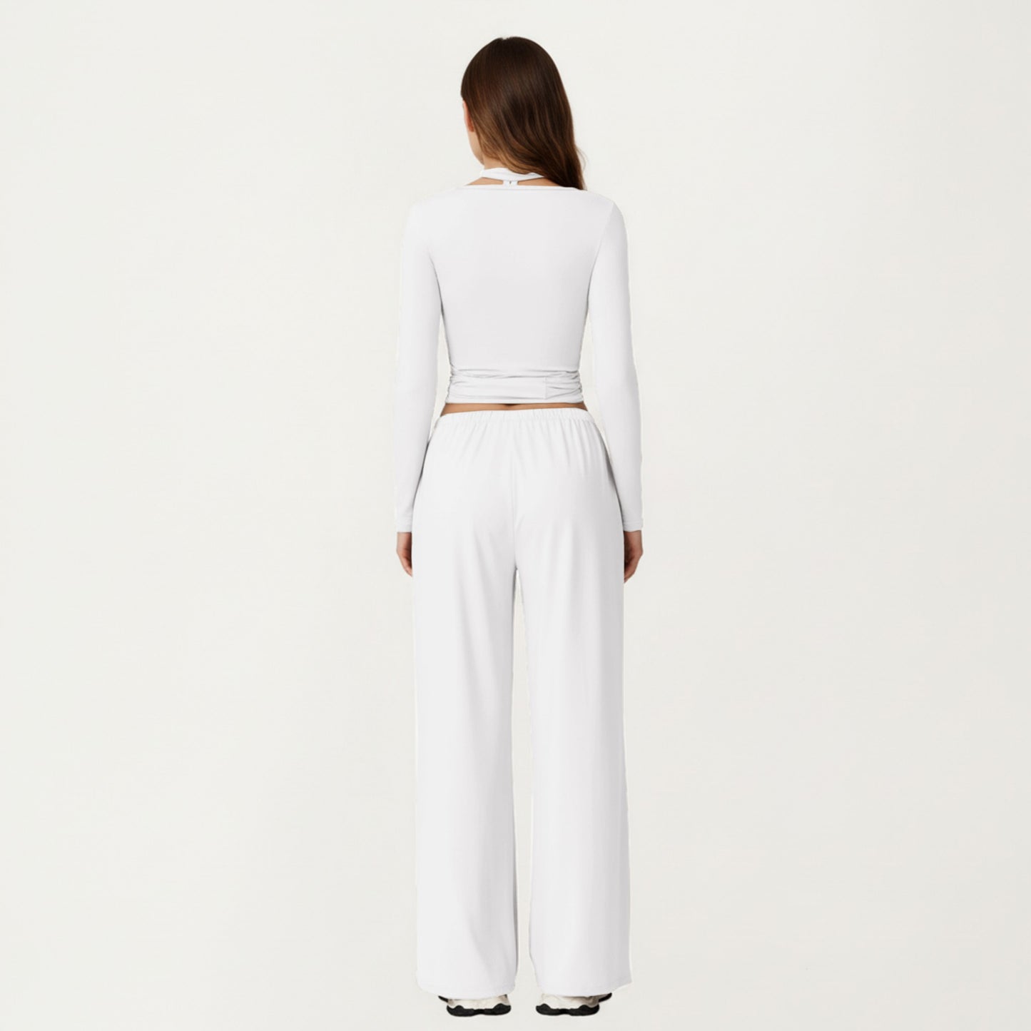 Long Sleeve Wrap Front Crop Top with Tie Waist V Neck Fitted Stretch Knit Shirt