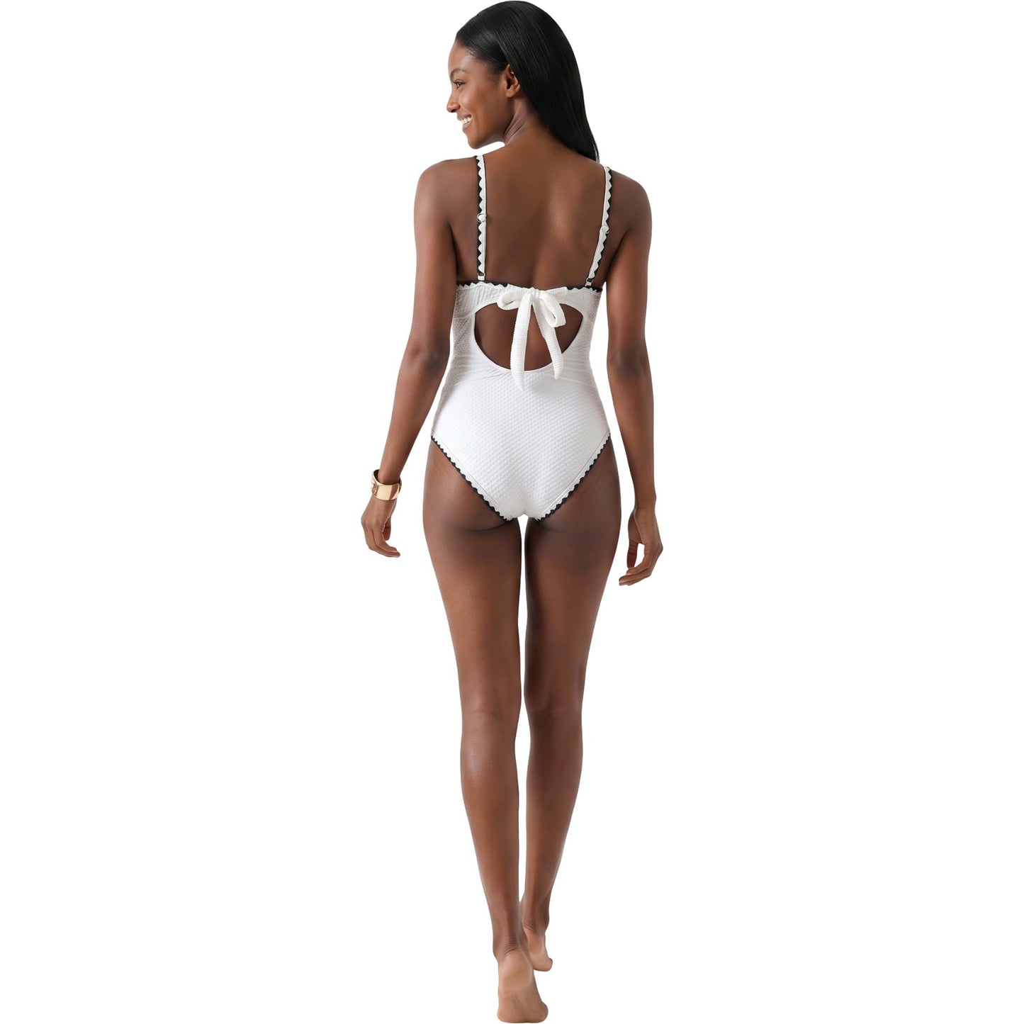 Textured Tie Front One Piece Swimsuit with Open Back