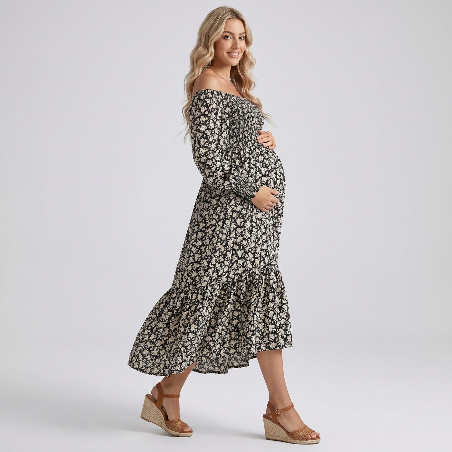Maternity Off Shoulder Floral Midi Dress with Smocked Bodice and Tiered Hem