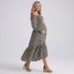 Maternity Off Shoulder Floral Midi Dress with Smocked Bodice and Tiered Hem