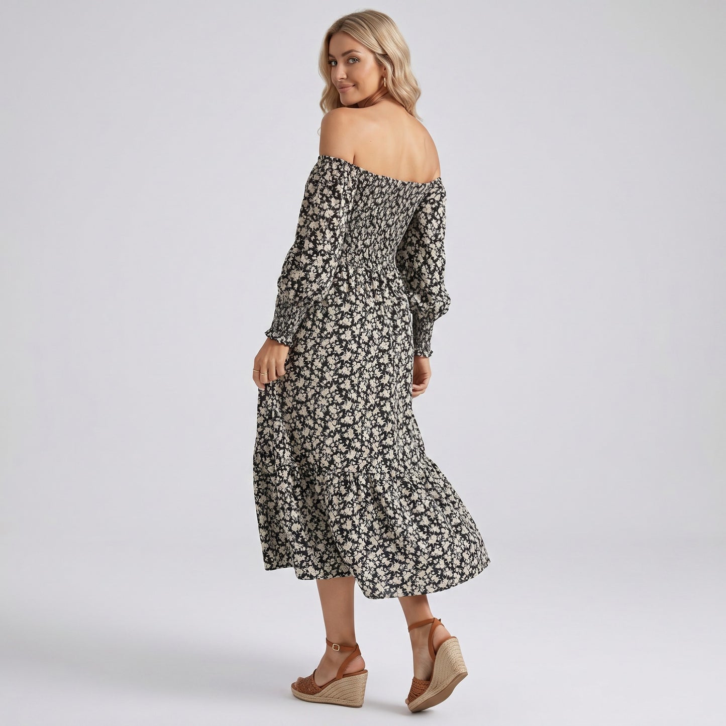 Maternity Off Shoulder Floral Midi Dress with Smocked Bodice and Tiered Hem