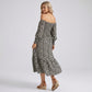 Maternity Off Shoulder Floral Midi Dress with Smocked Bodice and Tiered Hem