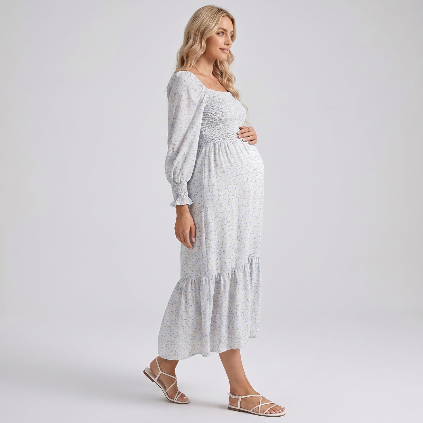 Maternity Off Shoulder Floral Midi Dress with Smocked Bodice and Tiered Hem