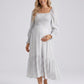Maternity Off Shoulder Floral Midi Dress with Smocked Bodice and Tiered Hem