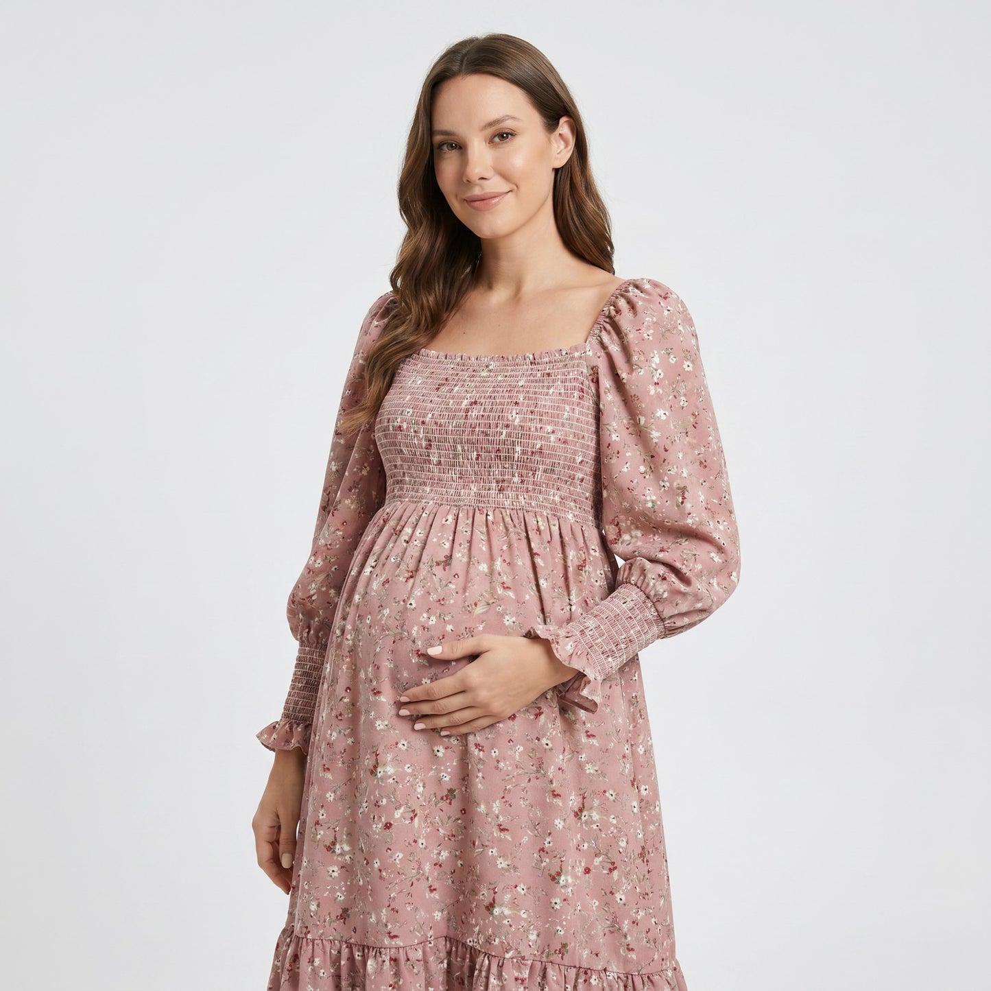 Maternity Off Shoulder Floral Midi Dress with Smocked Bodice and Tiered Hem