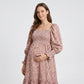 Maternity Off Shoulder Floral Midi Dress with Smocked Bodice and Tiered Hem