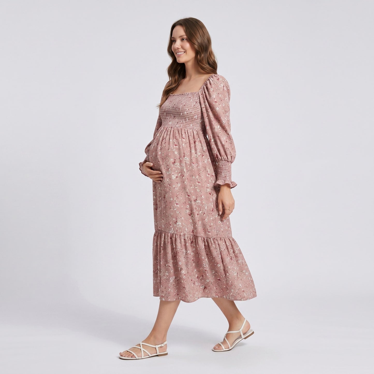 Maternity Off Shoulder Floral Midi Dress with Smocked Bodice and Tiered Hem