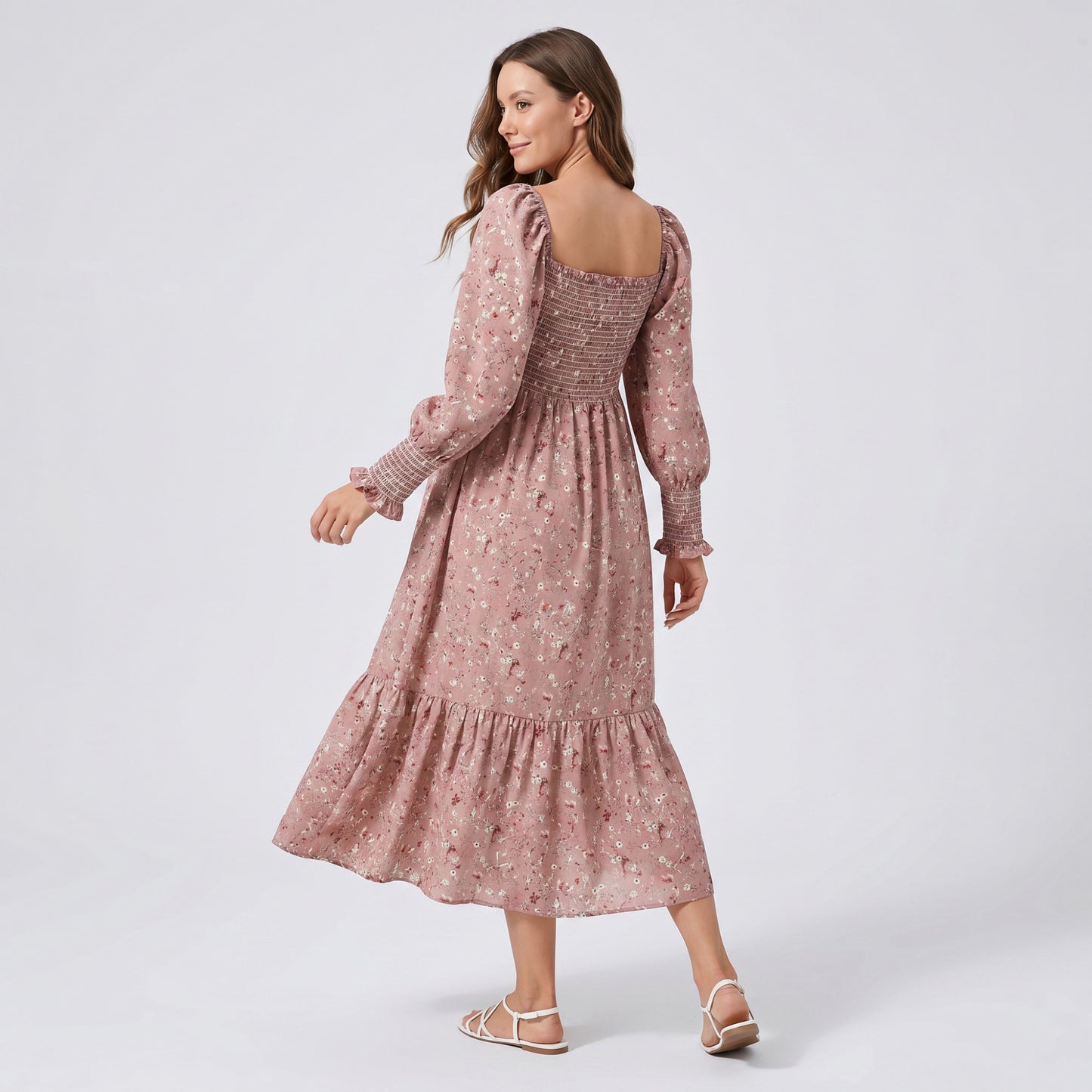 Maternity Off Shoulder Floral Midi Dress with Smocked Bodice and Tiered Hem