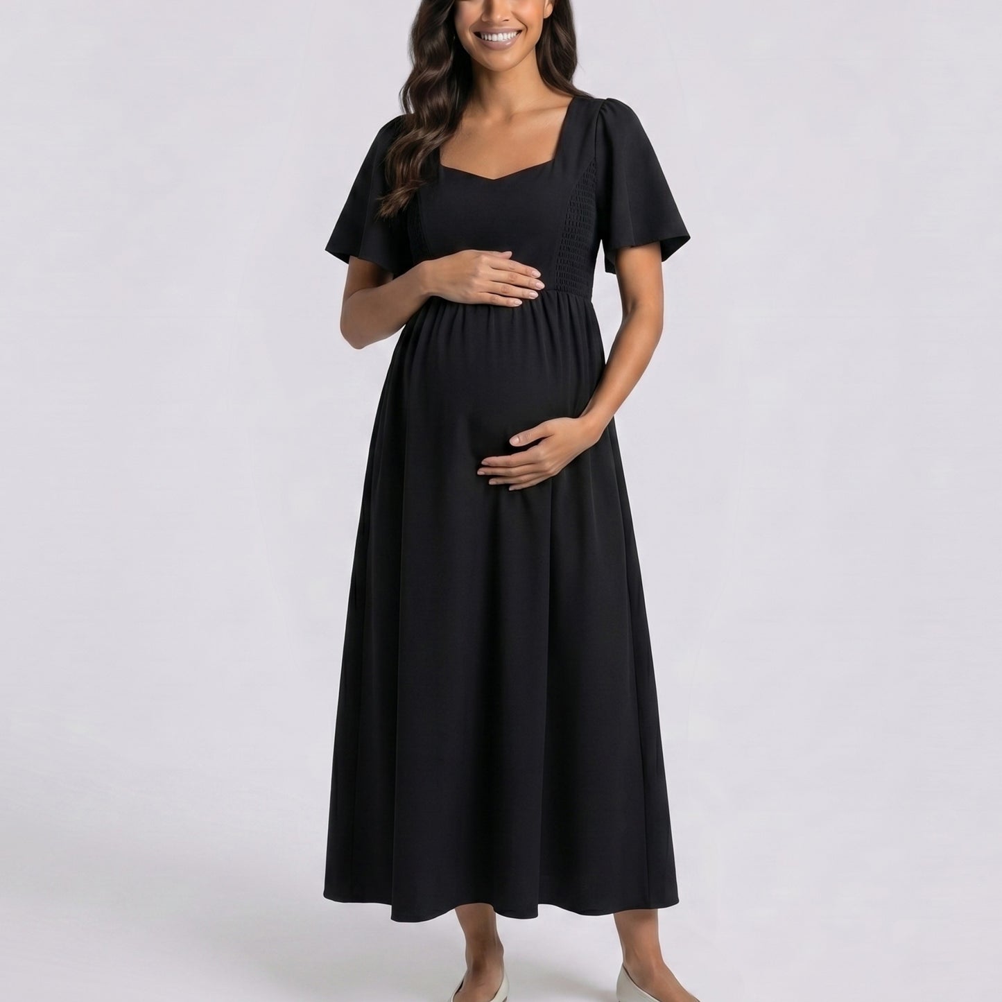 Maternity V Neck Midi Dress with Flutter Sleeves and Smocked Empire Waist
