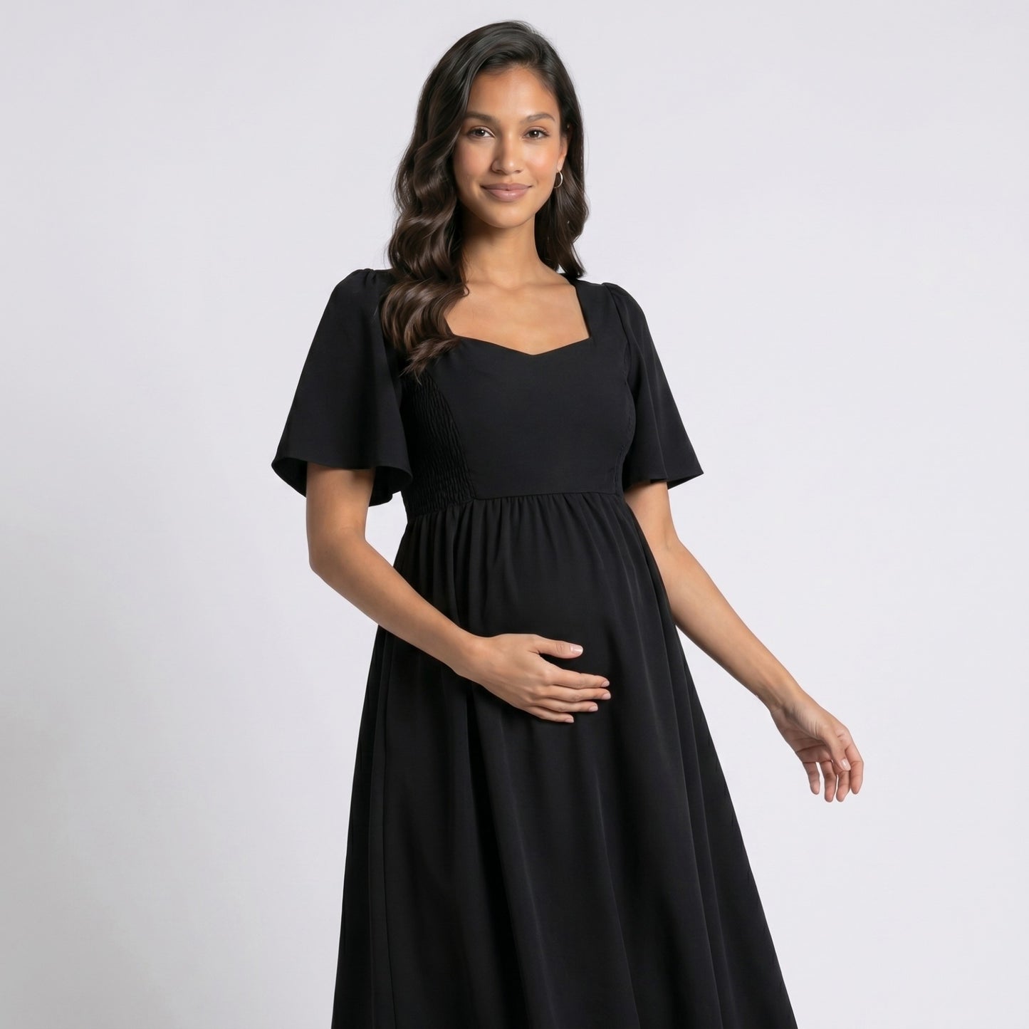 Maternity V Neck Midi Dress with Flutter Sleeves and Smocked Empire Waist