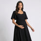 Maternity V Neck Midi Dress with Flutter Sleeves and Smocked Empire Waist
