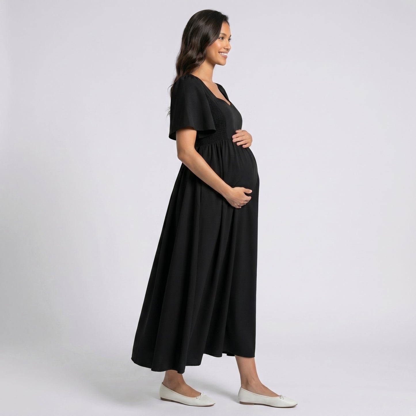 Maternity V Neck Midi Dress with Flutter Sleeves and Smocked Empire Waist