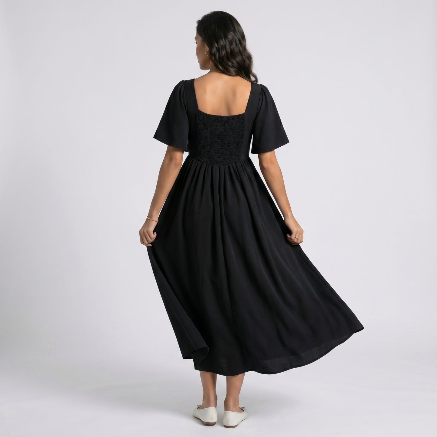 Maternity V Neck Midi Dress with Flutter Sleeves and Smocked Empire Waist