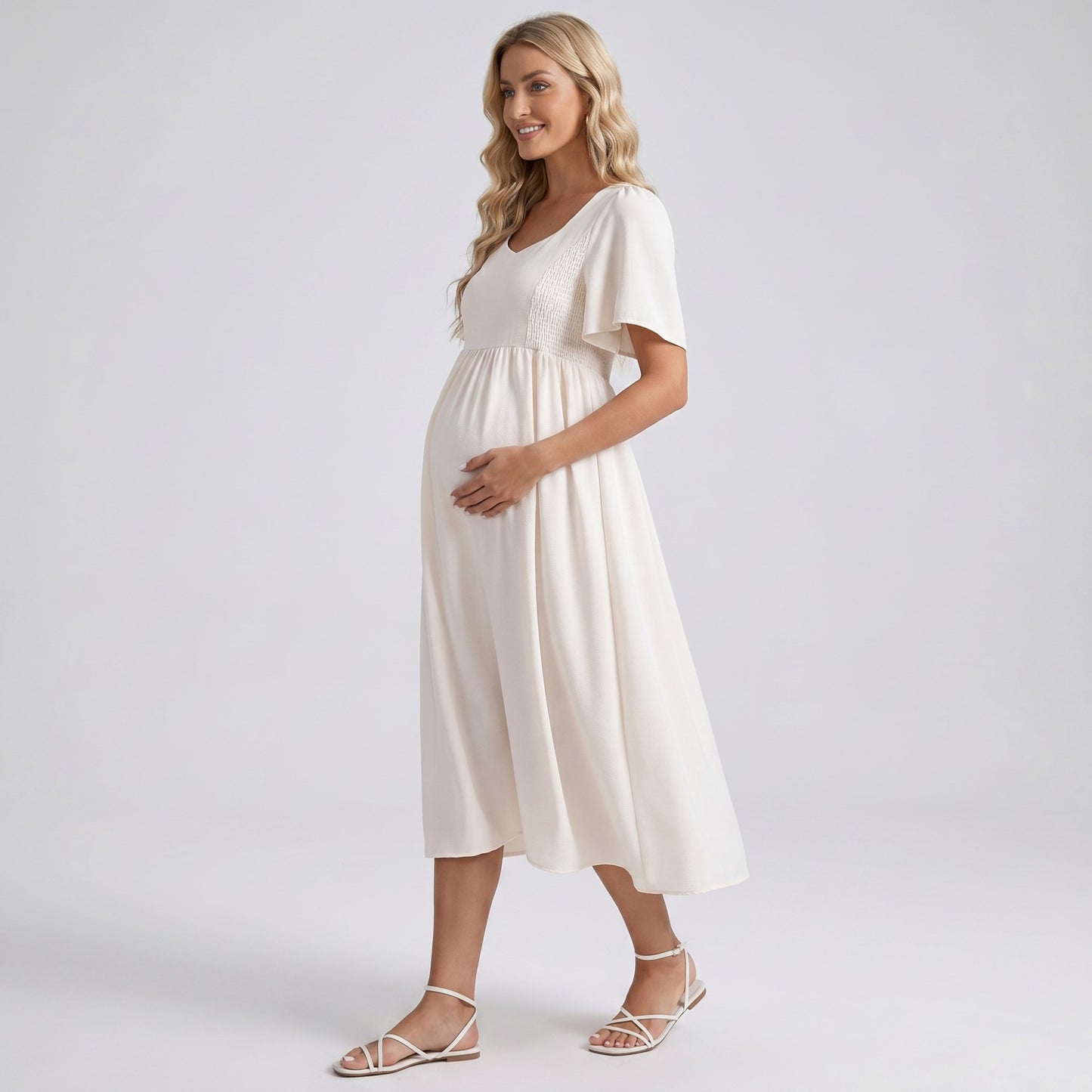 Maternity V Neck Midi Dress with Flutter Sleeves and Smocked Empire Waist