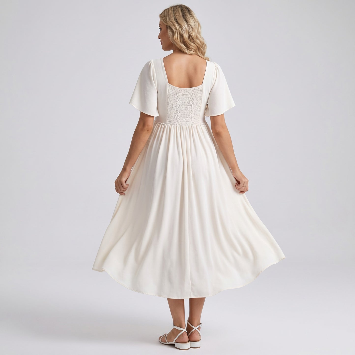 Maternity V Neck Midi Dress with Flutter Sleeves and Smocked Empire Waist