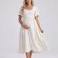 Maternity V Neck Midi Dress with Flutter Sleeves and Smocked Empire Waist