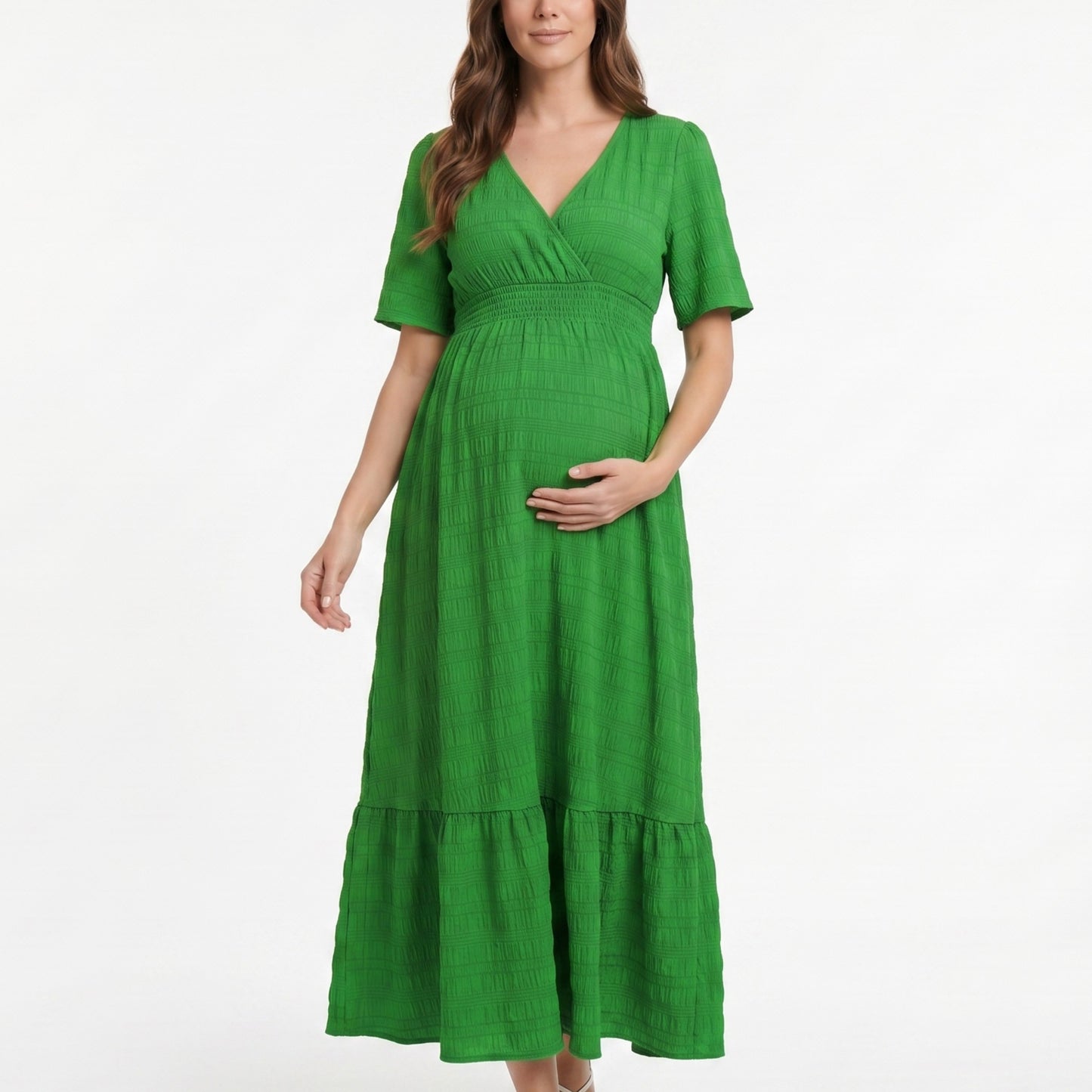 Maternity V Neck Textured Midi Dress with Short Sleeves and Tiered Hem