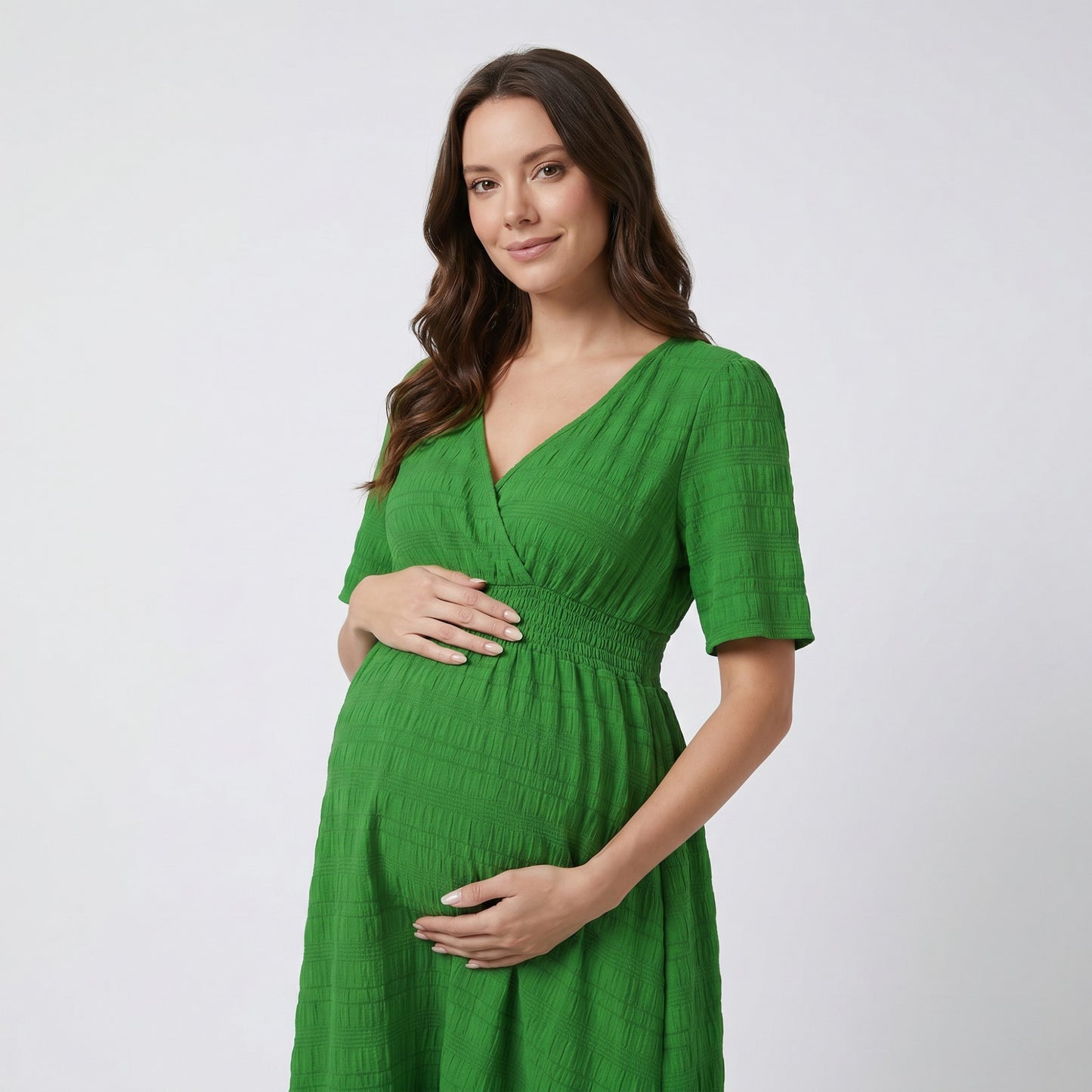 Maternity V Neck Textured Midi Dress with Short Sleeves and Tiered Hem