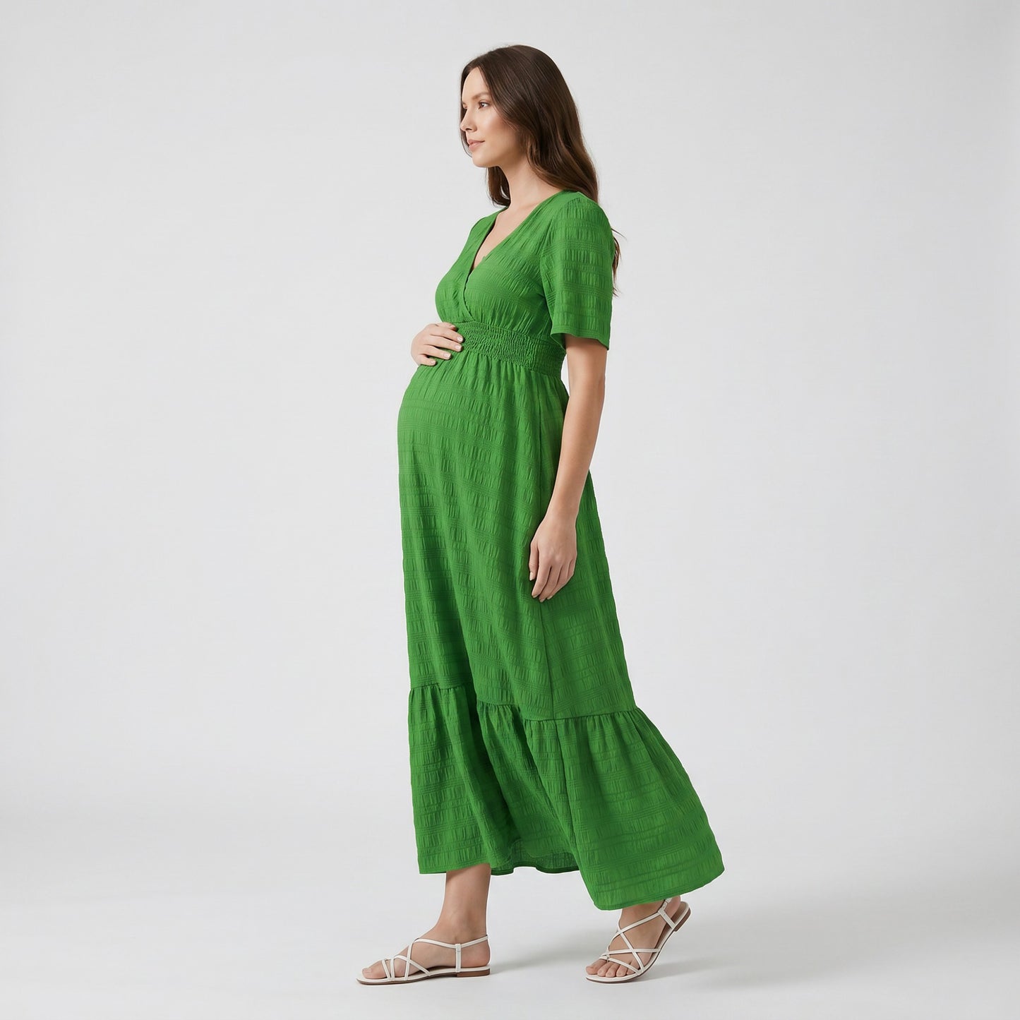 Maternity V Neck Textured Midi Dress with Short Sleeves and Tiered Hem