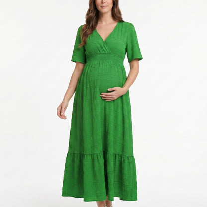 Maternity V Neck Textured Midi Dress with Short Sleeves and Tiered Hem