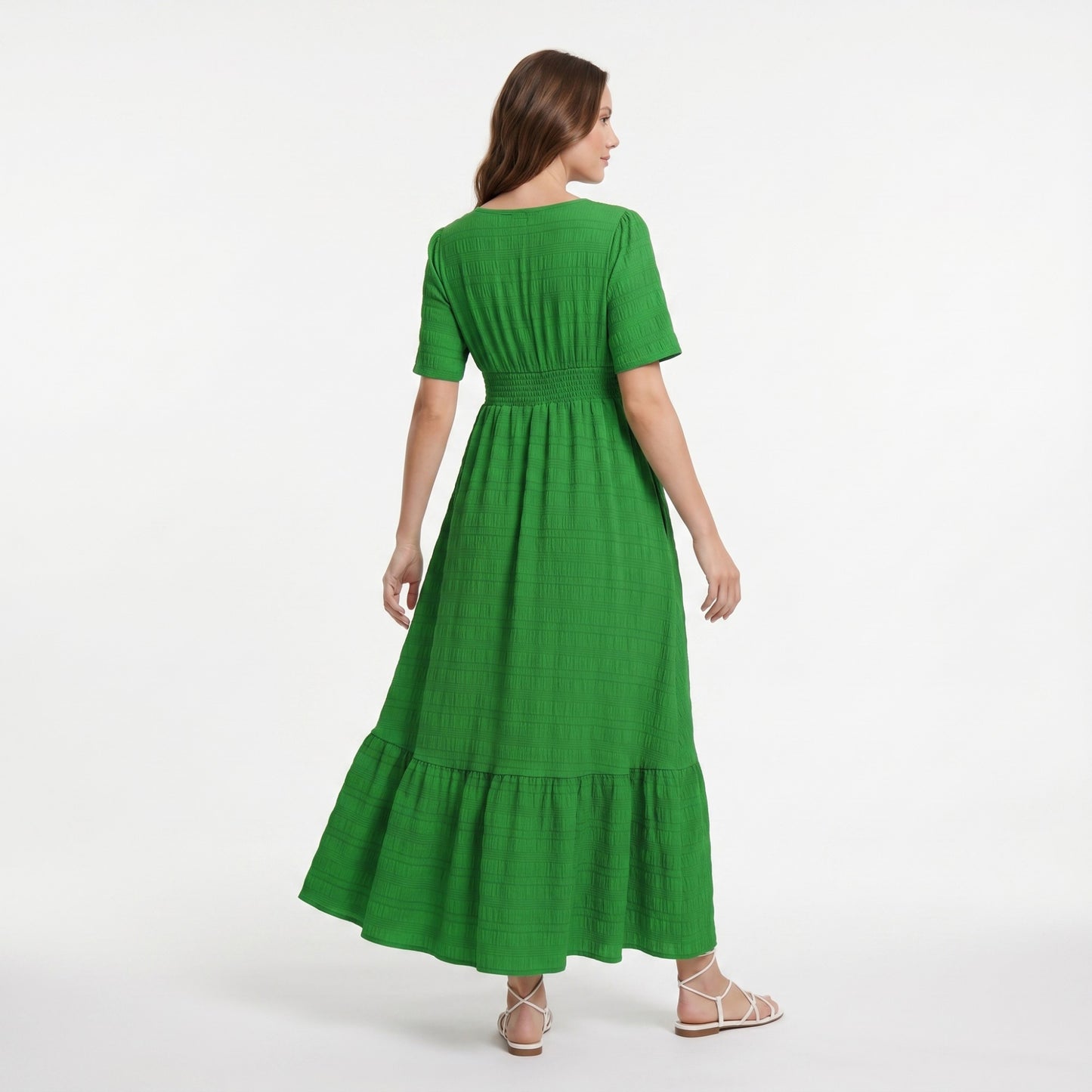 Maternity V Neck Textured Midi Dress with Short Sleeves and Tiered Hem