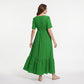 Maternity V Neck Textured Midi Dress with Short Sleeves and Tiered Hem