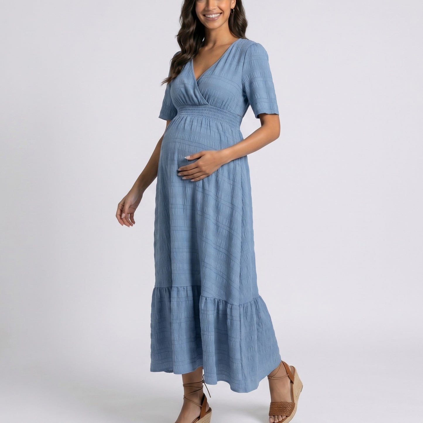 Maternity V Neck Textured Midi Dress with Short Sleeves and Tiered Hem