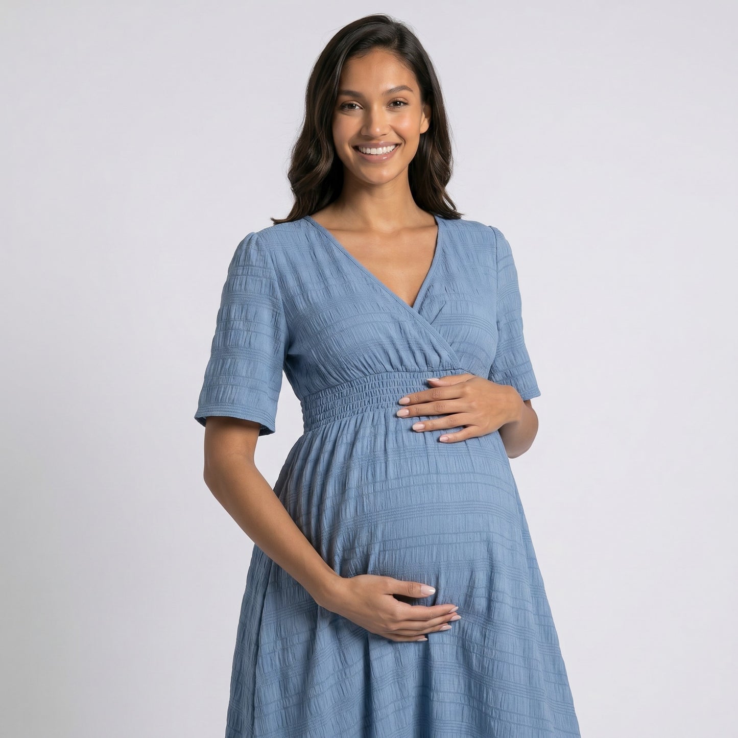 Maternity V Neck Textured Midi Dress with Short Sleeves and Tiered Hem