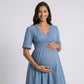 Maternity V Neck Textured Midi Dress with Short Sleeves and Tiered Hem