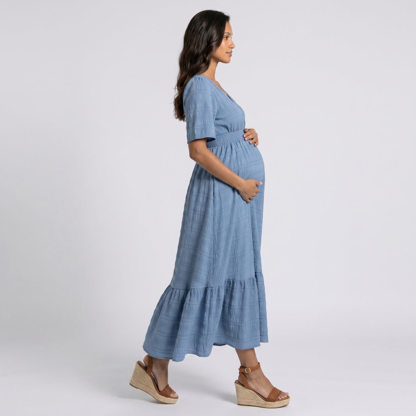 Maternity V Neck Textured Midi Dress with Short Sleeves and Tiered Hem