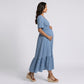 Maternity V Neck Textured Midi Dress with Short Sleeves and Tiered Hem