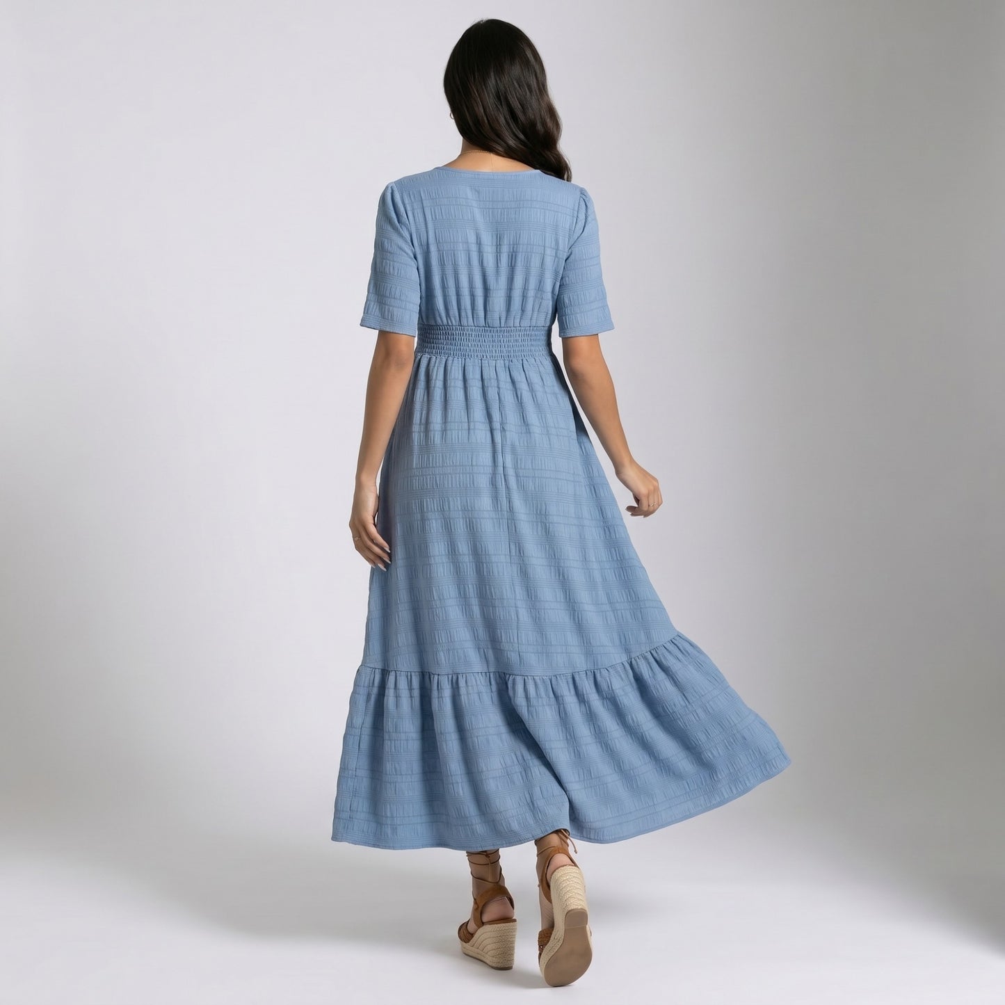 Maternity V Neck Textured Midi Dress with Short Sleeves and Tiered Hem