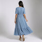 Maternity V Neck Textured Midi Dress with Short Sleeves and Tiered Hem