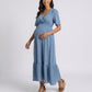 Maternity V Neck Textured Midi Dress with Short Sleeves and Tiered Hem