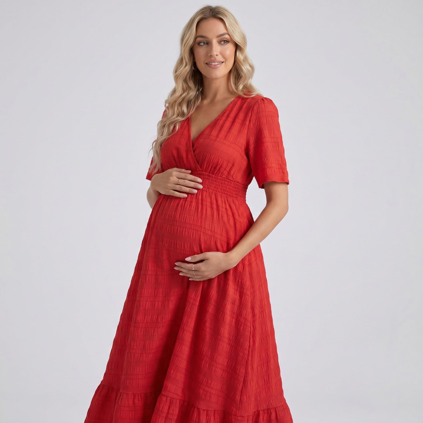 Maternity V Neck Textured Midi Dress with Short Sleeves and Tiered Hem