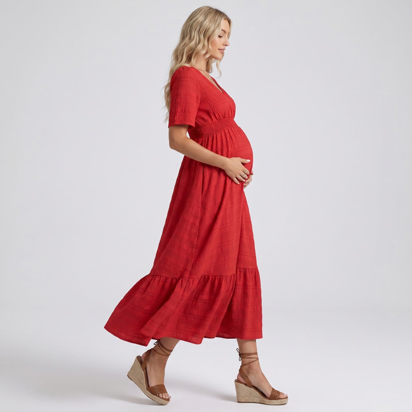 Maternity V Neck Textured Midi Dress with Short Sleeves and Tiered Hem