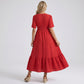Maternity V Neck Textured Midi Dress with Short Sleeves and Tiered Hem