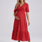 Maternity V Neck Textured Midi Dress with Short Sleeves and Tiered Hem