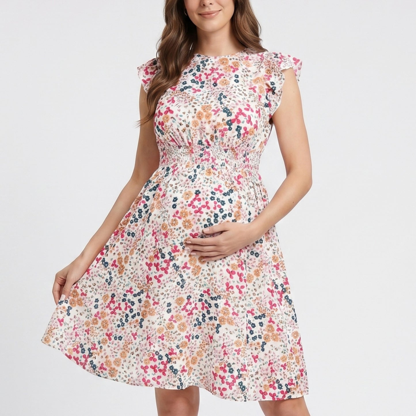 Floral Maternity Dress with Flutter Sleeves and Empire Waist