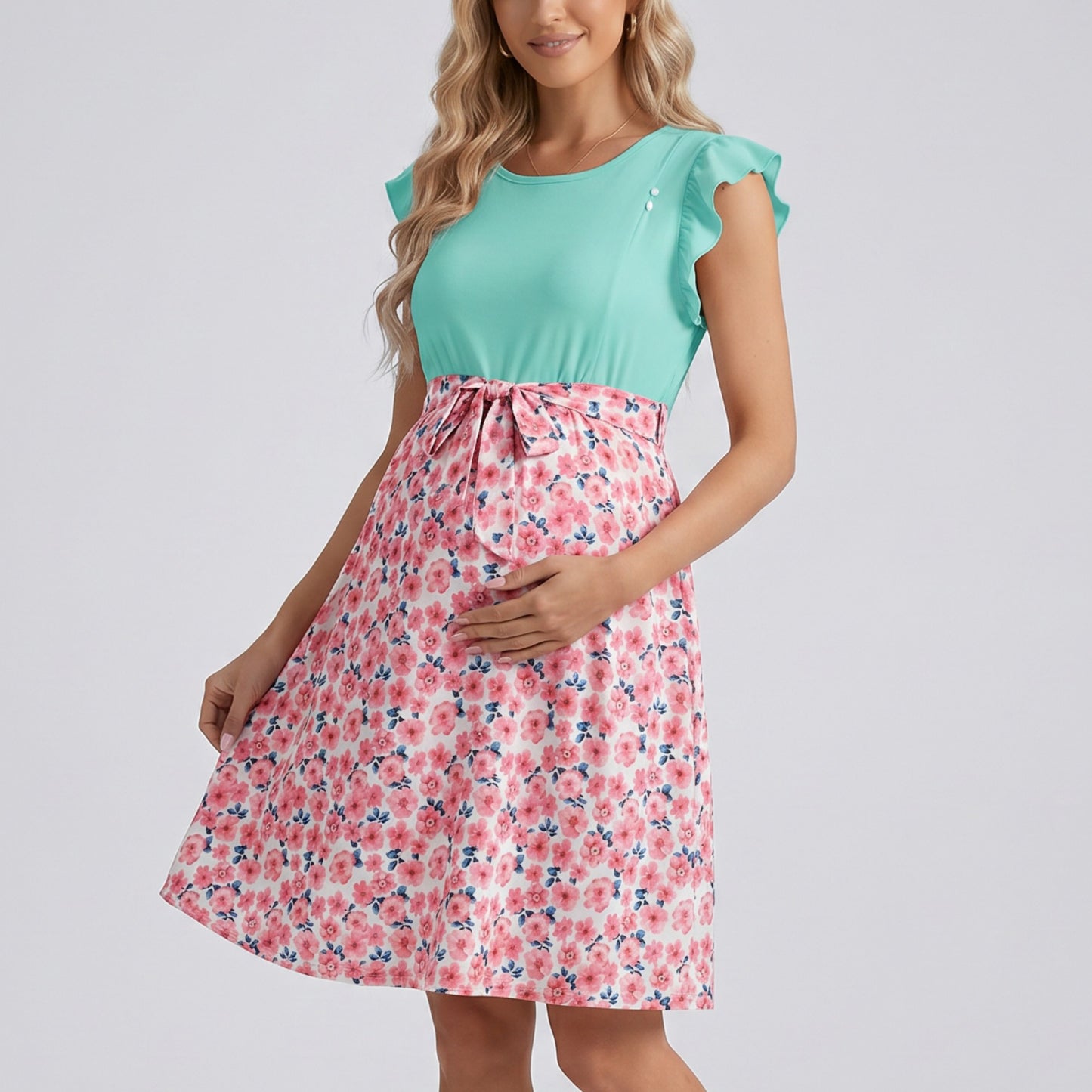 Flutter Sleeve Maternity Dress with Floral Skirt and Tie Waist
