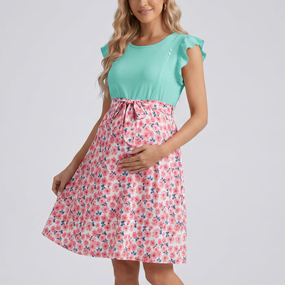Flutter Sleeve Maternity Dress with Floral Skirt and Tie Waist