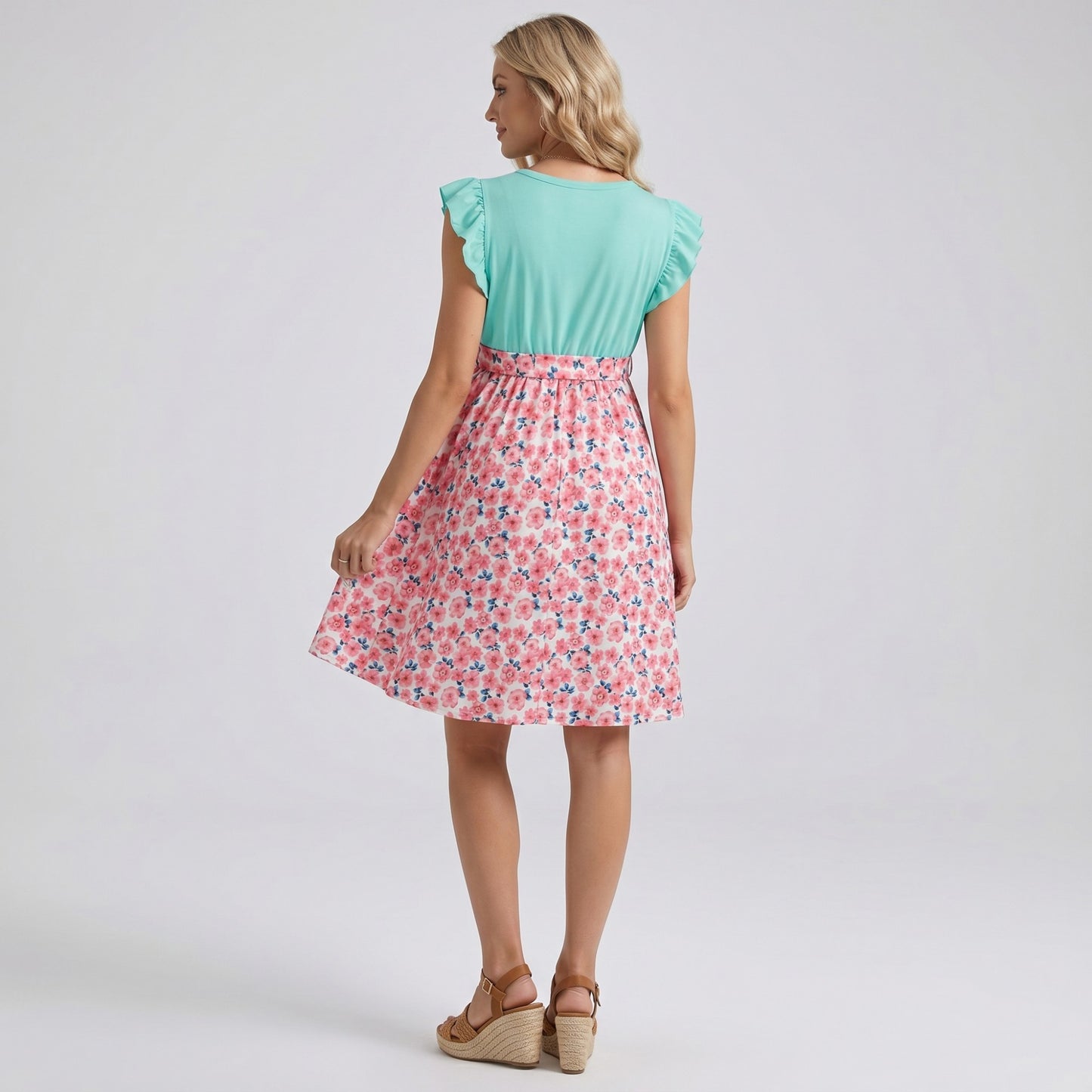 Flutter Sleeve Maternity Dress with Floral Skirt and Tie Waist