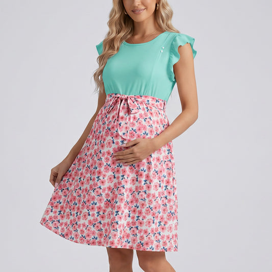 Flutter Sleeve Maternity Dress with Floral Skirt and Tie Waist