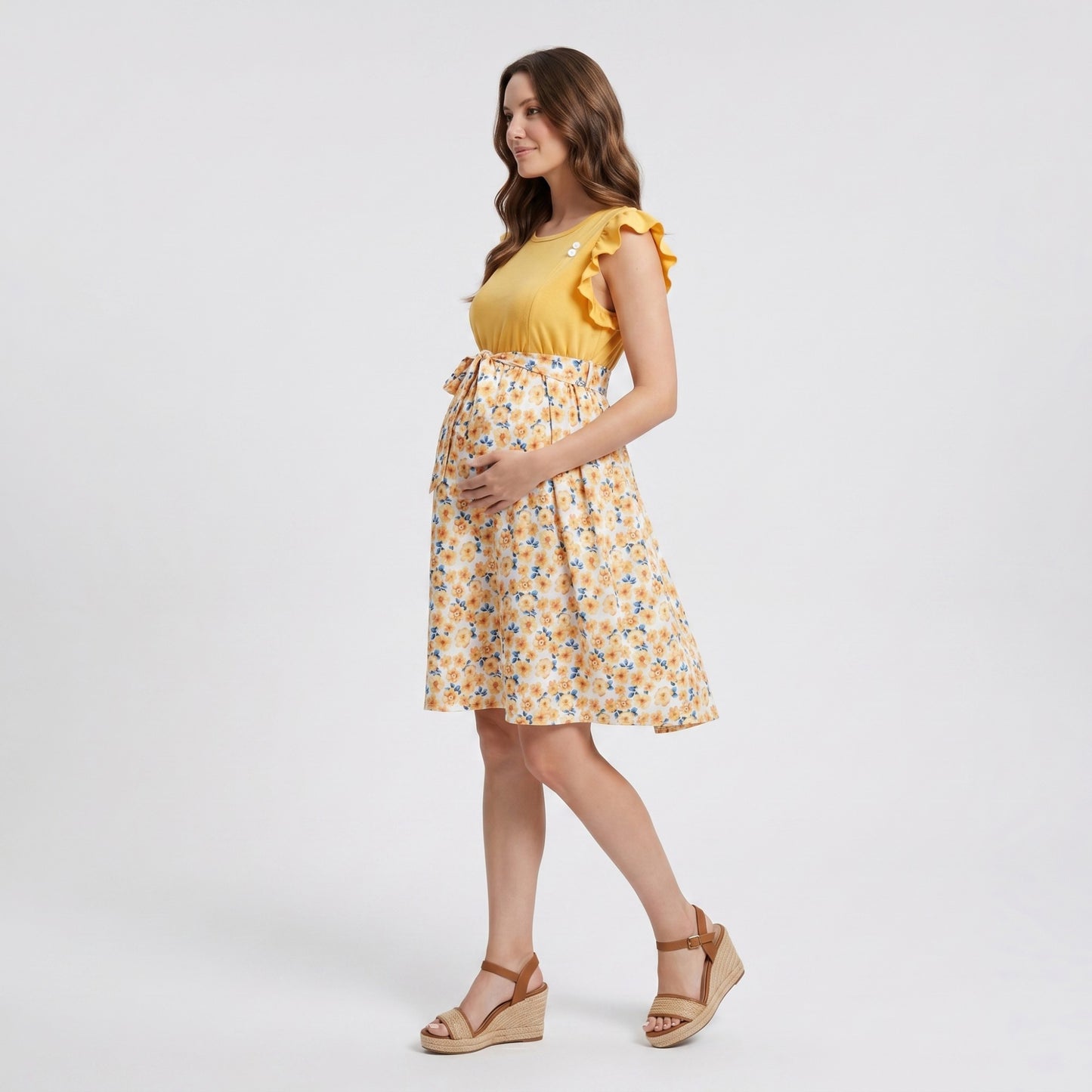 Flutter Sleeve Maternity Dress with Floral Skirt and Tie Waist