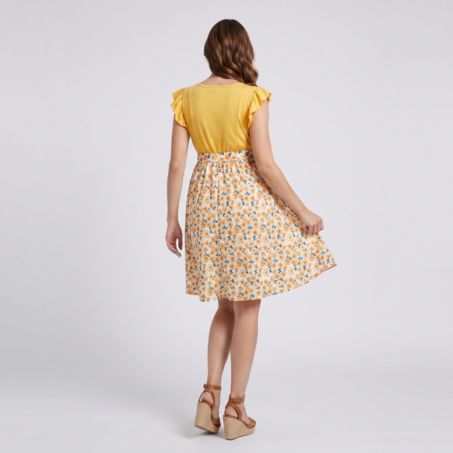 Flutter Sleeve Maternity Dress with Floral Skirt and Tie Waist