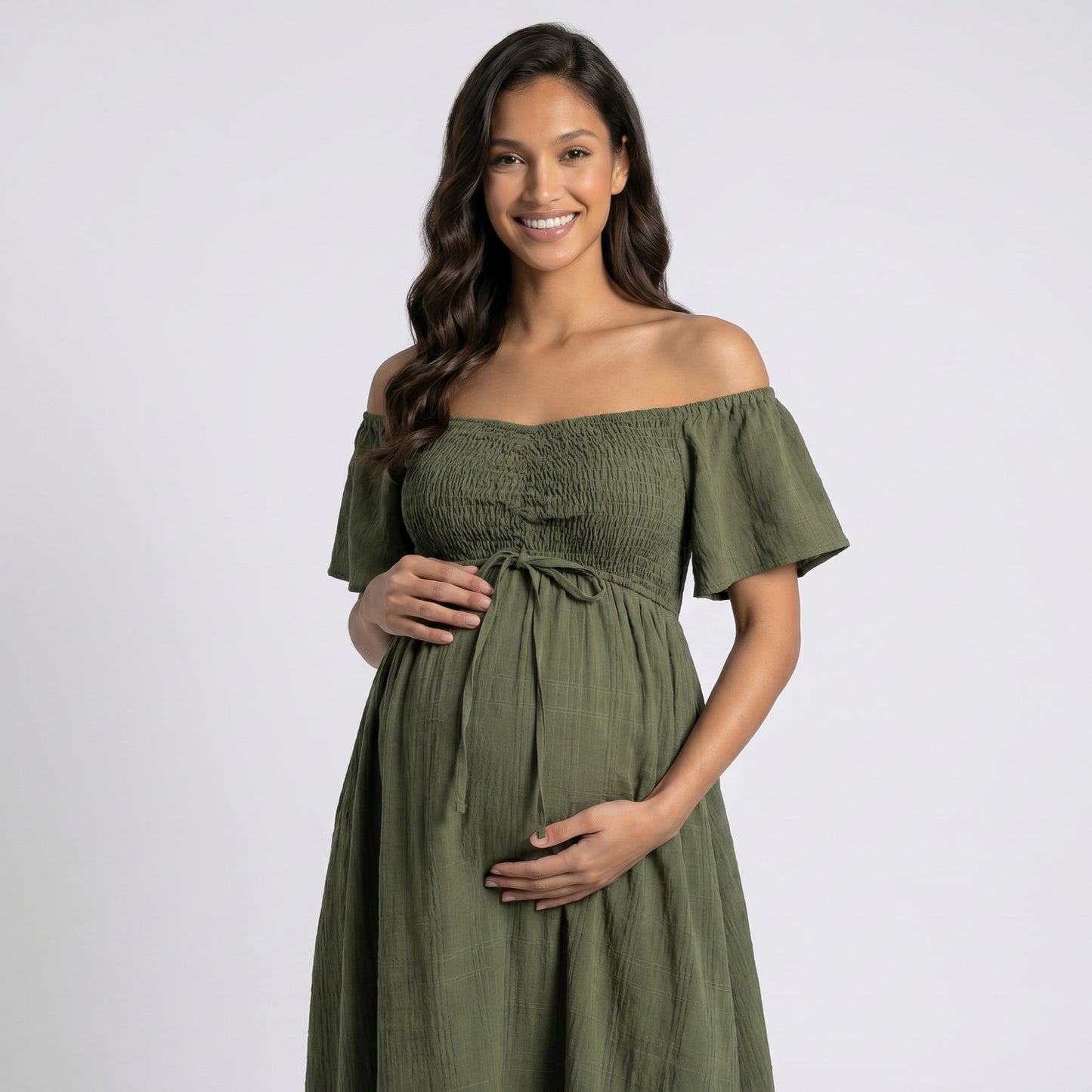 Off Shoulder Maternity Maxi Dress with Smocked Bodice and Front Slit