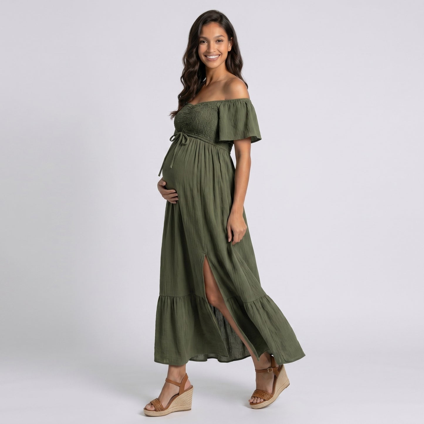 Off Shoulder Maternity Maxi Dress with Smocked Bodice and Front Slit