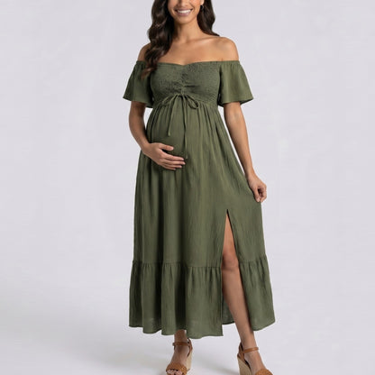Off Shoulder Maternity Maxi Dress with Smocked Bodice and Front Slit