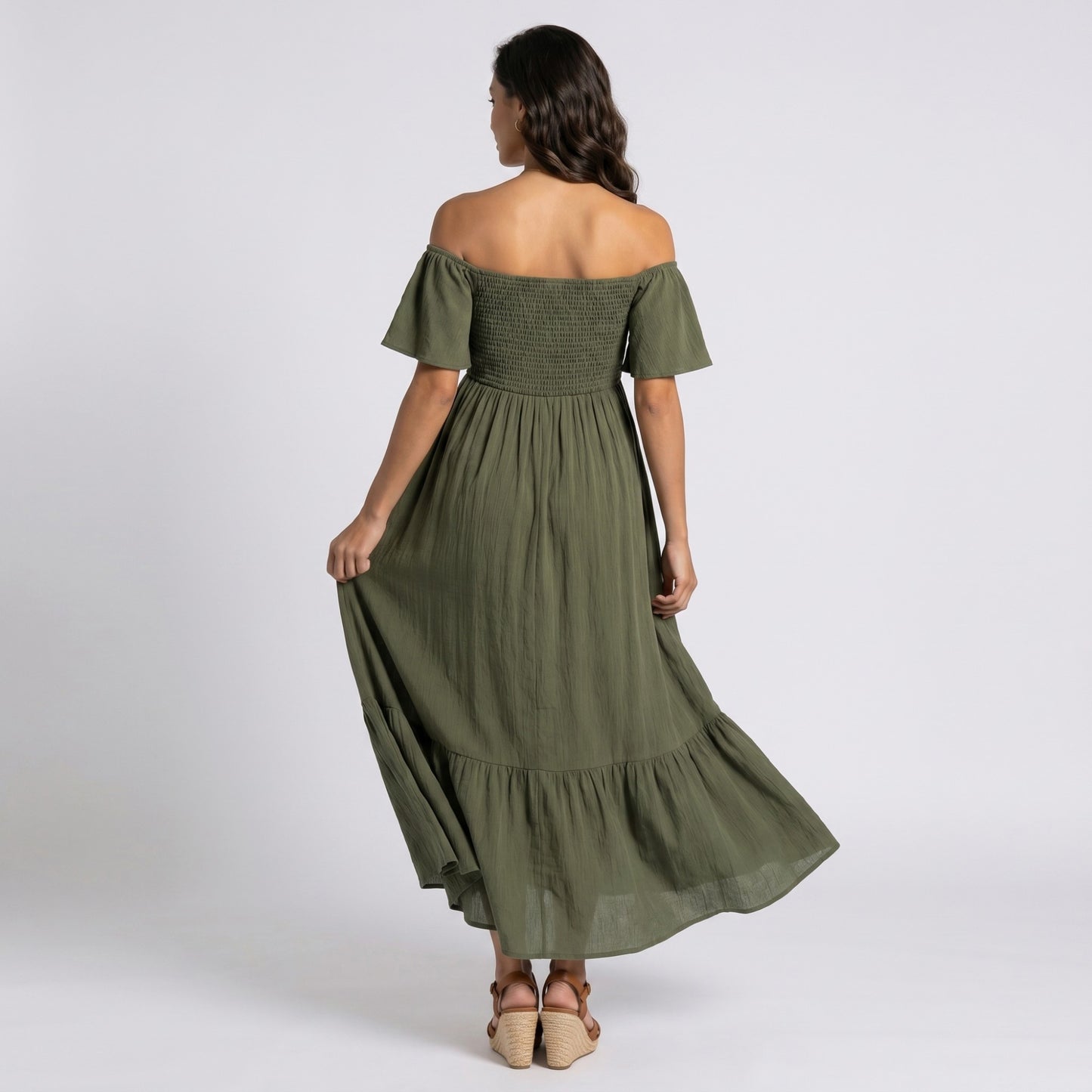 Off Shoulder Maternity Maxi Dress with Smocked Bodice and Front Slit